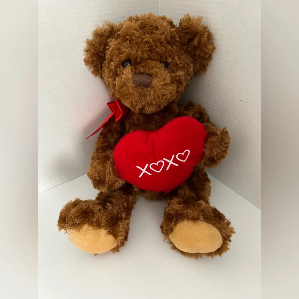 Unbranded Brown Shaggy Bear Plush Red Heart XOXO Print Red Bow
